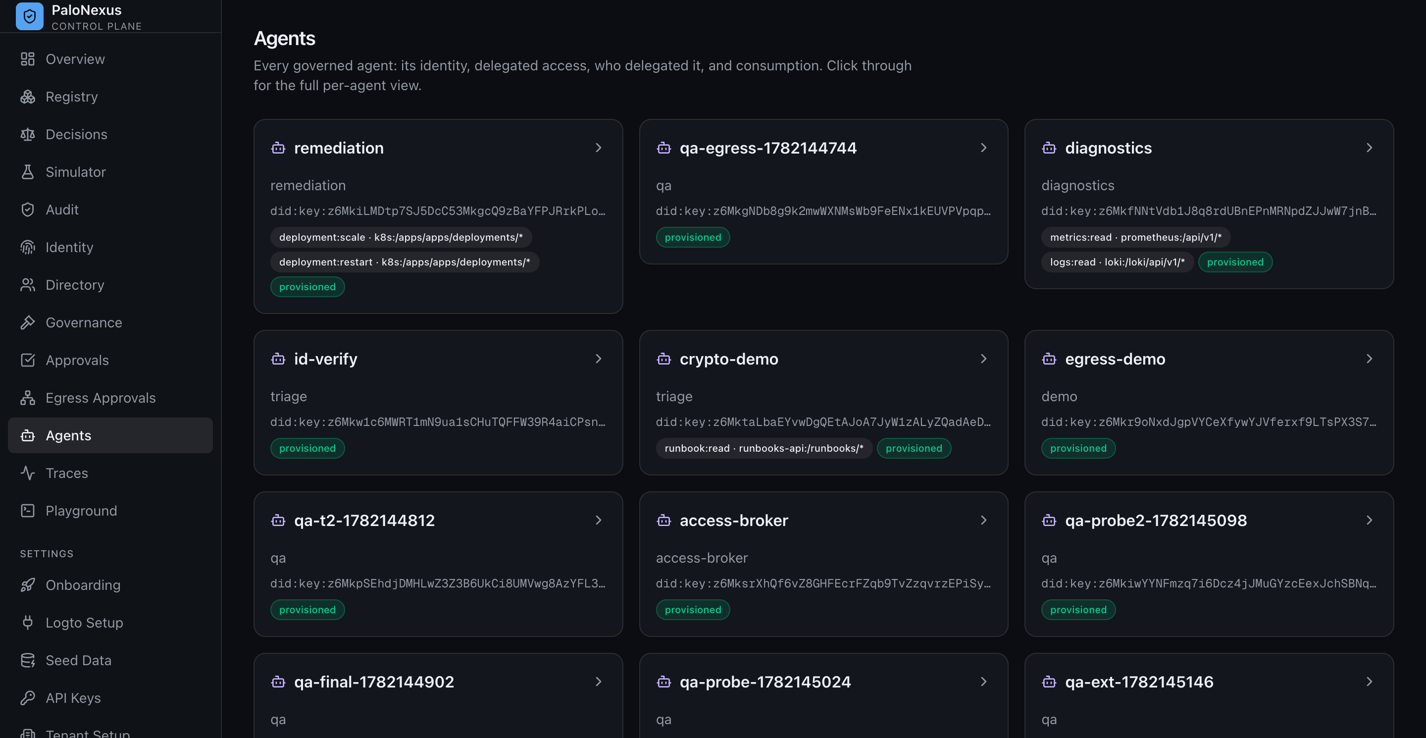 PaloNexus Agent registry listing governed agents as cards, each showing the agent name, role, did identifier, granted capabilities and a provisioned status badge