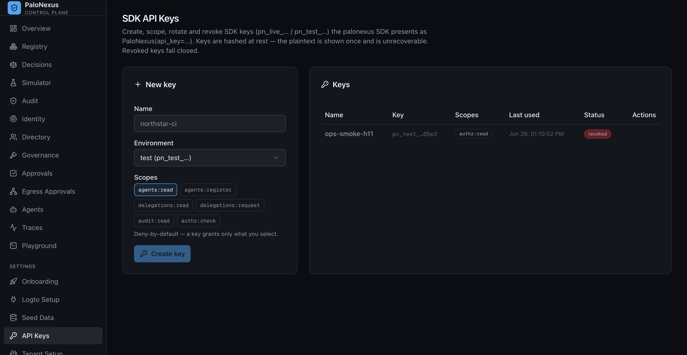 SDK API-keys console: a new-key form with an environment selector and deny-by-default scope toggles, above a keys table listing a revoked test key with its scopes and last-used time.