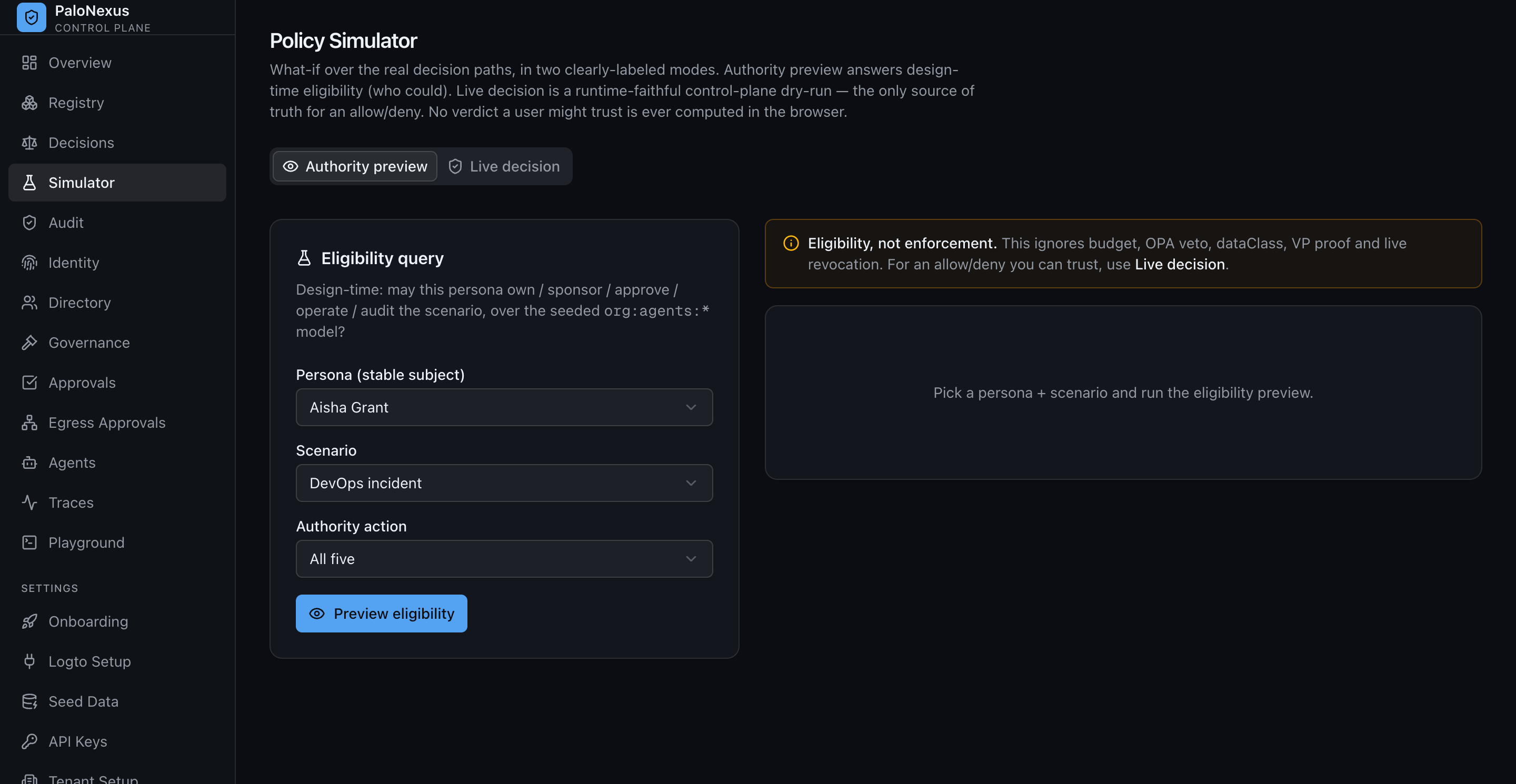 Policy simulator with Authority-preview and Live-decision tabs; the authority-preview tab shows persona, scenario and authority-action selectors for a design-time eligibility query, with a note that only a Live decision yields a trustworthy allow or deny