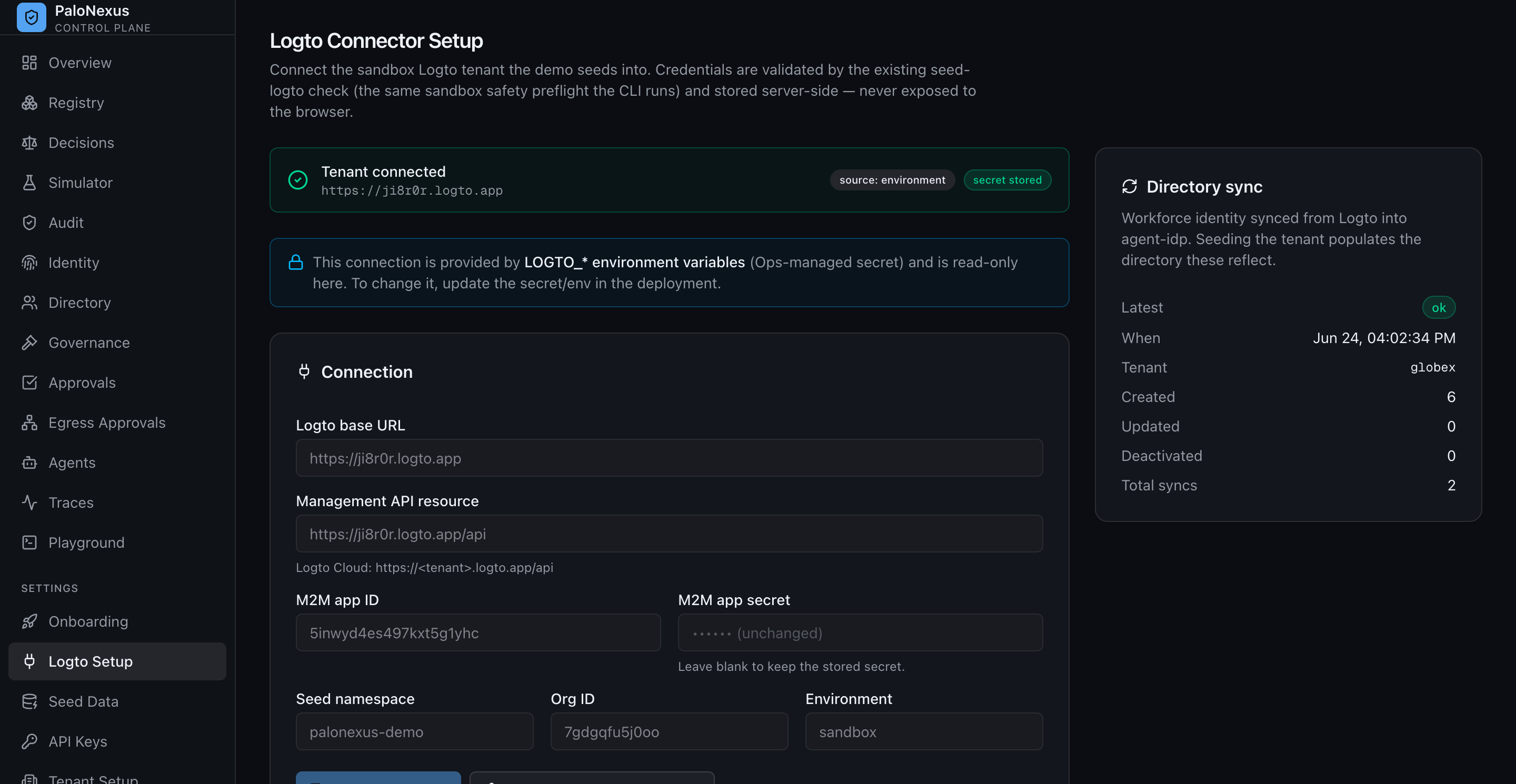 Logto connector settings showing a connected sandbox tenant with read-only base-URL, management-API and M2M app-ID fields sourced from environment secrets, and a directory-sync panel reporting an OK sync of six created identities