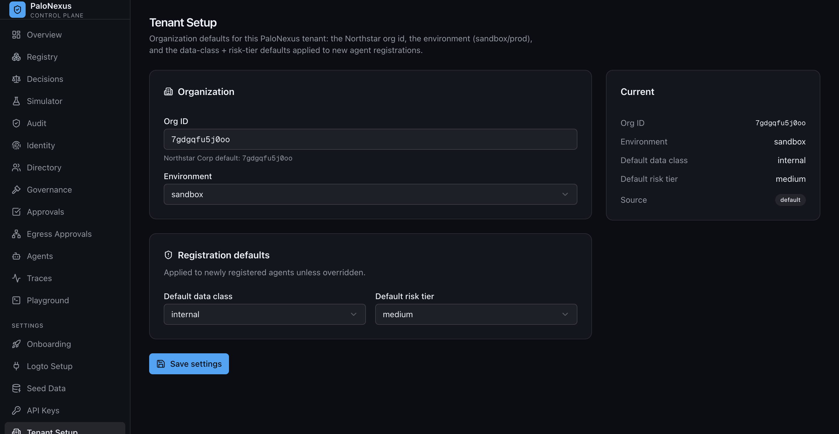 PaloNexus tenant settings form showing the organization ID, a sandbox environment, and default data-class (internal) and risk-tier (medium) selectors applied to new agent registrations, beside a summary of current values